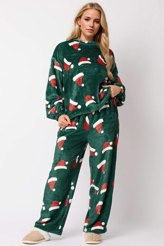 Christmas Hat Pattern Round Neck Long Sleeve Top and Pants Set - ClassiQ
