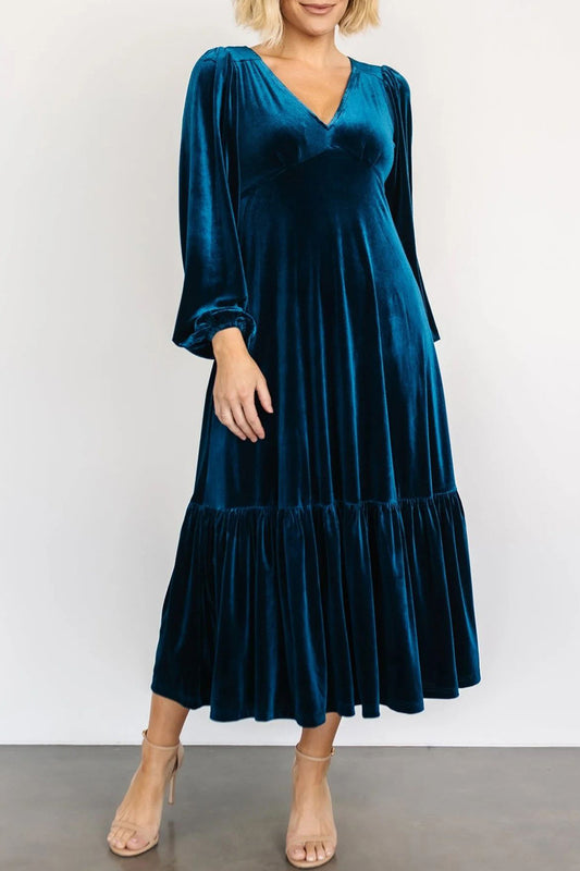 V-Neck Long Sleeve Midi Velvet Dress - Classique Collection