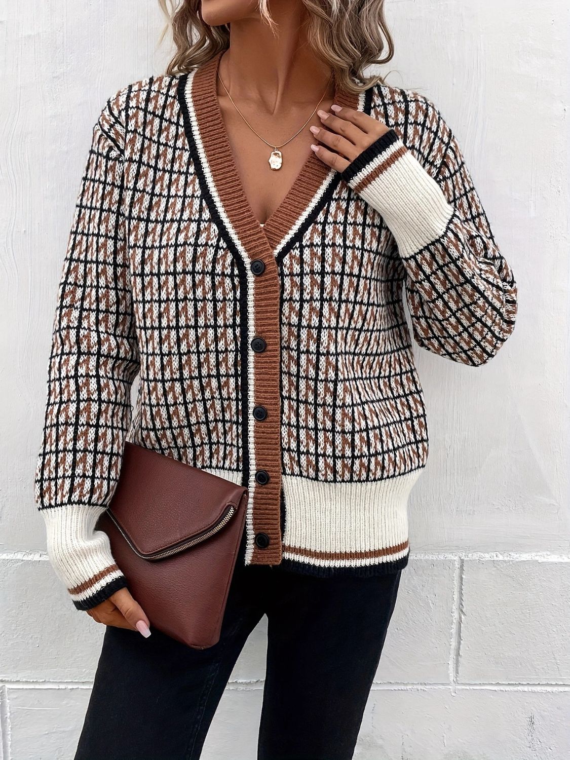Plaid V-Neck Button Up Cardigan - Classique Collection