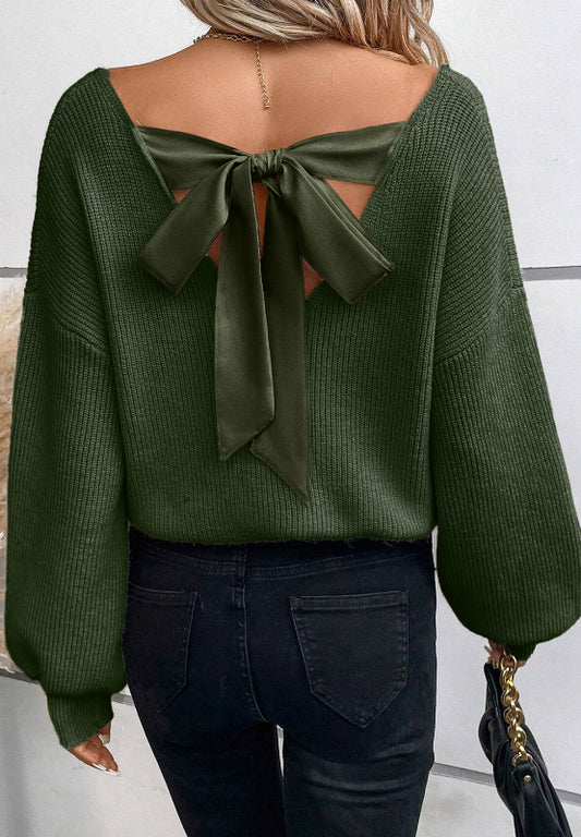 Tied Back V-Neck Long Sleeve Sweater - ClassiQ