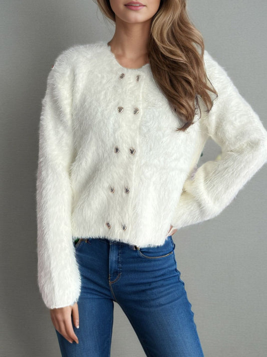 Heart Button Round Neck Cardigan - ClassiQ