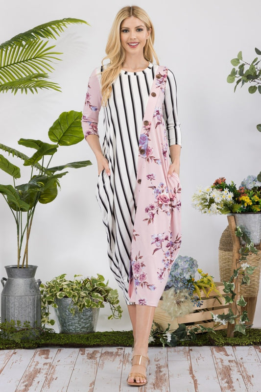 Celeste Full Size Floral Striped Contrast Midi-Dress with Pockets - Classique Collection