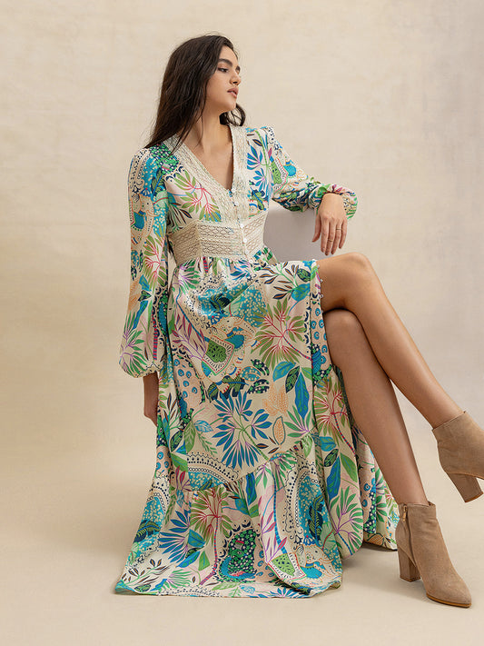 Slit Printed V-Neck Long Sleeve Midi Dress - Classique Collection