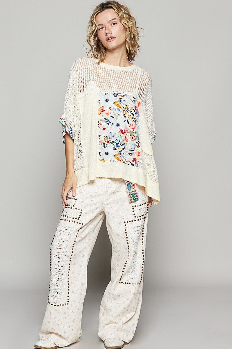 POL Hollow Out Floral Half Sleeve Knit Top - Classique Collection