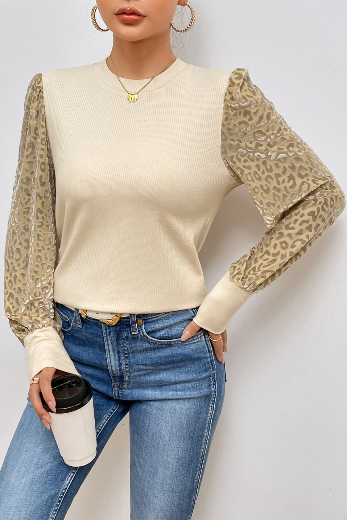 Leopard Print Long Sleeve Ribbed Knit Blouse - Classique Collection