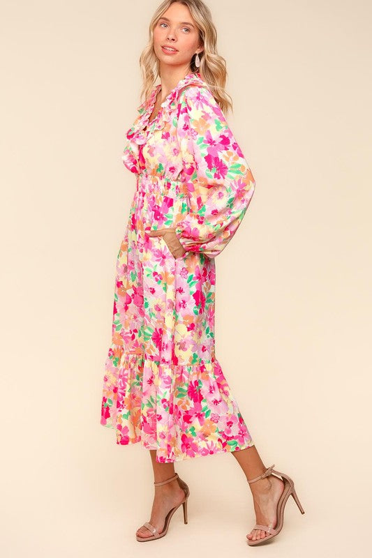 Haptics Full Size Floral Surplice Balloon Sleeve Dress with Side Pockets - Classique Collection