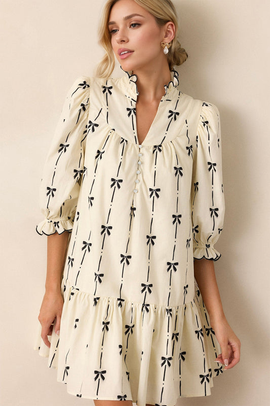 Oh Full Size Frill Bow Print Half Sleeve Mini Dress - Classique Collection