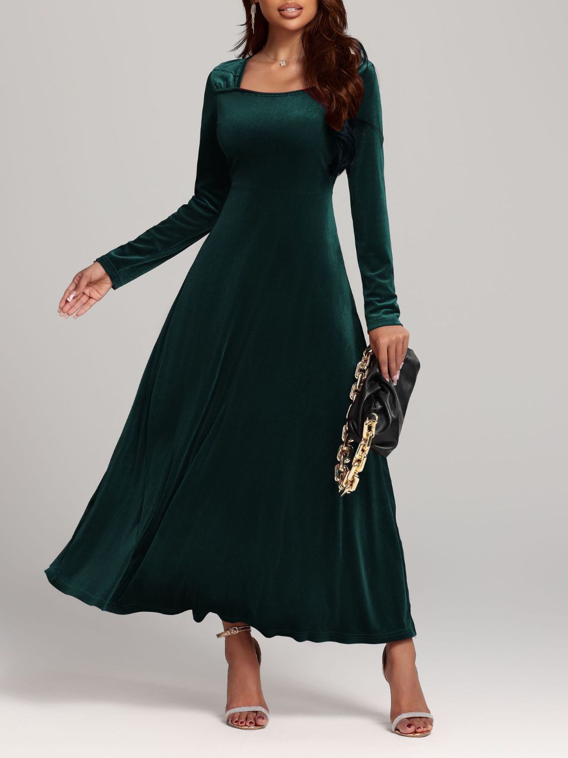 Square Neck Long Sleeve Velvet Dress - Classique Collection