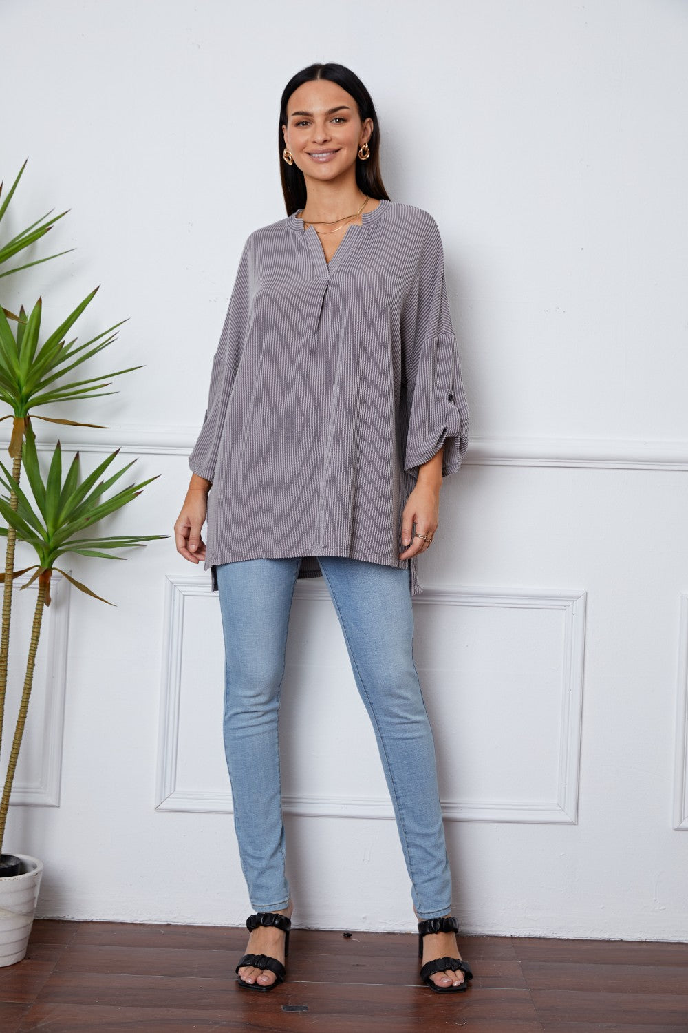 Notched Roll-Tab Sleeve Blouse - Classique Collection