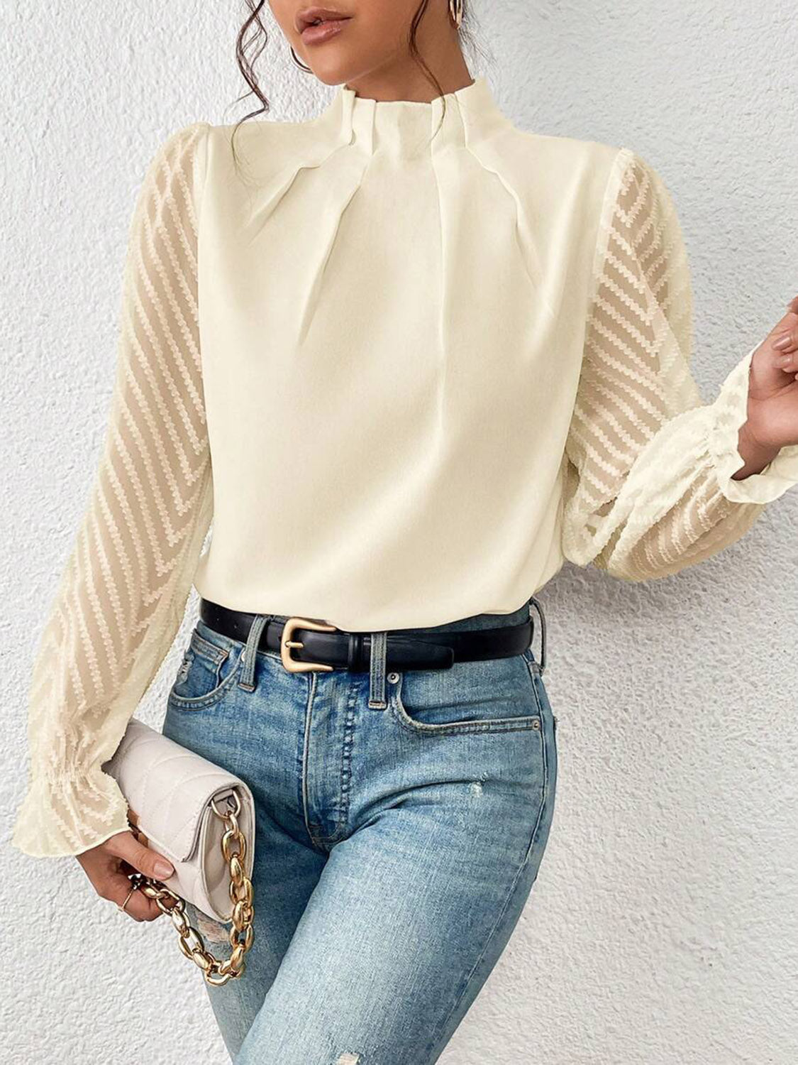 Mock Neck Flounce Sleeve Blouse - Classique Collection