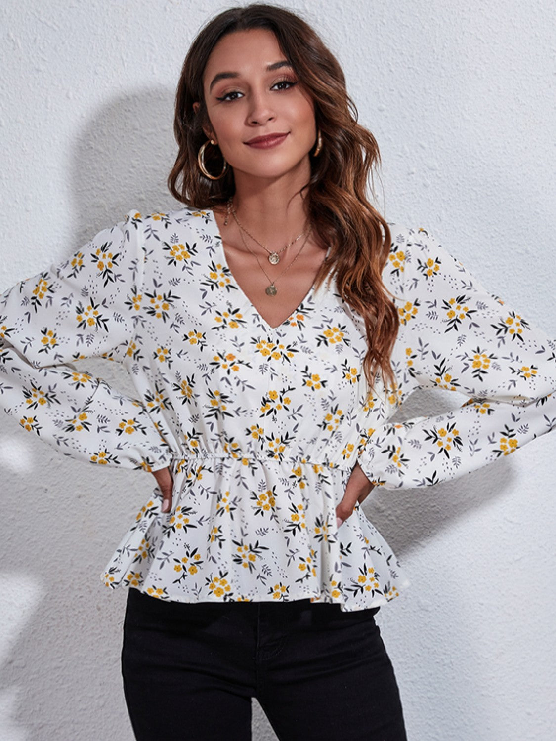 Floral V-Neck Balloon Sleeve Peplum Blouse - ClassiQ