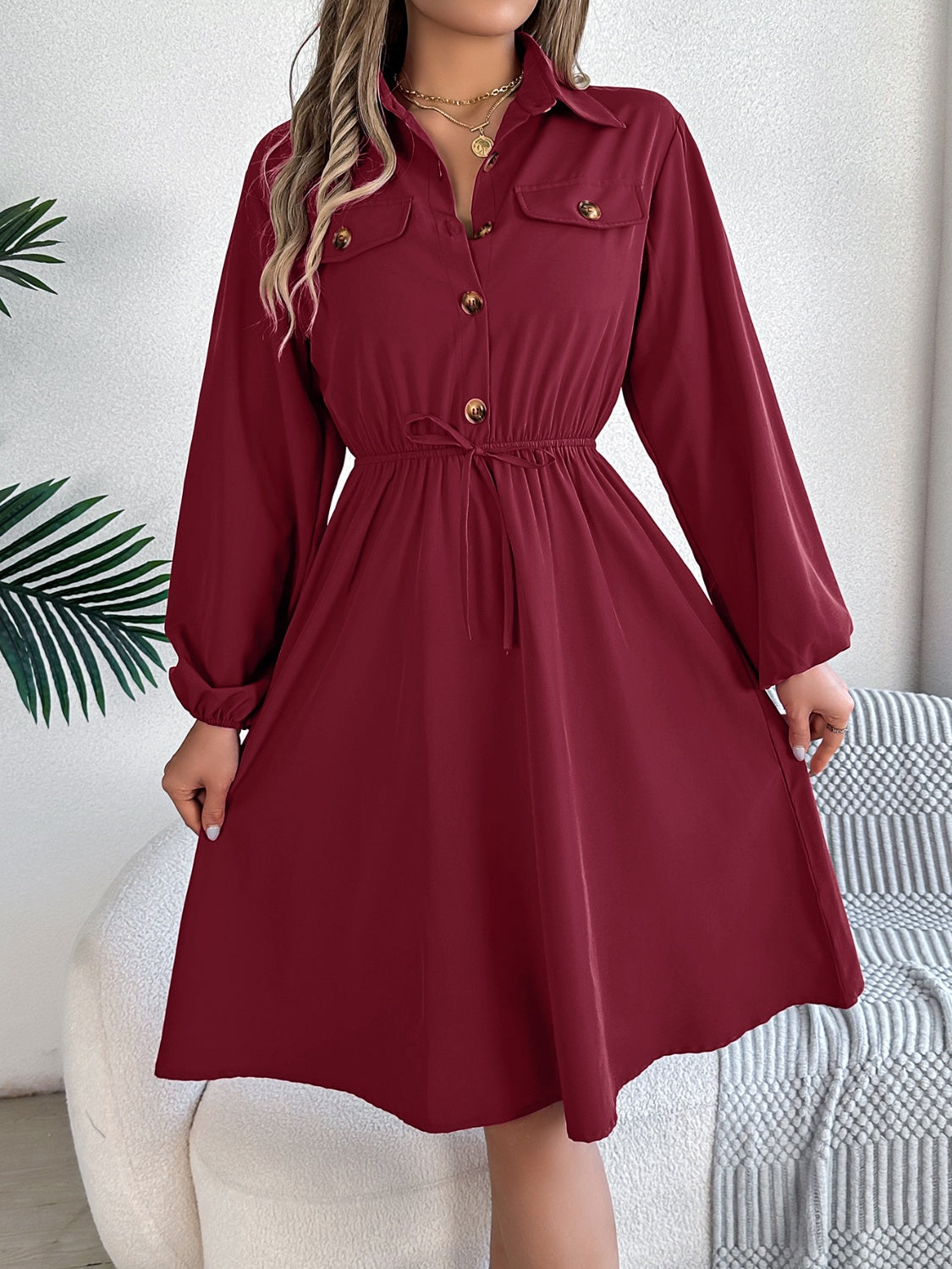Collared Neck Long Sleeve Dress with Pockets - Classique Collection