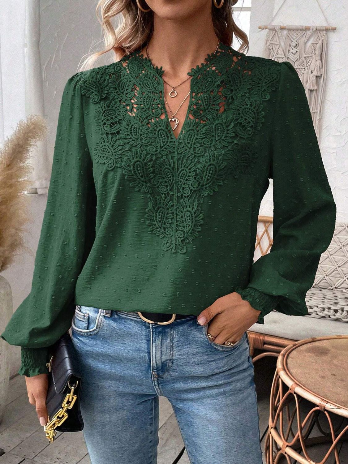 Swiss Dot Lace Detail Notched Long Sleeve Blouse - Classique Collection