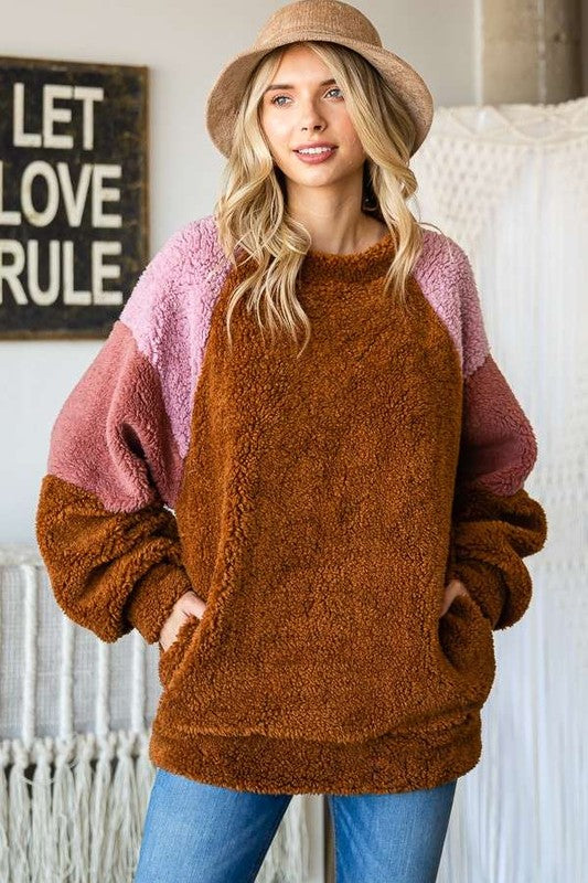 Culture Code Color Block Faux Fur Raglan Sleeve Sweatshirt - Classique Collection
