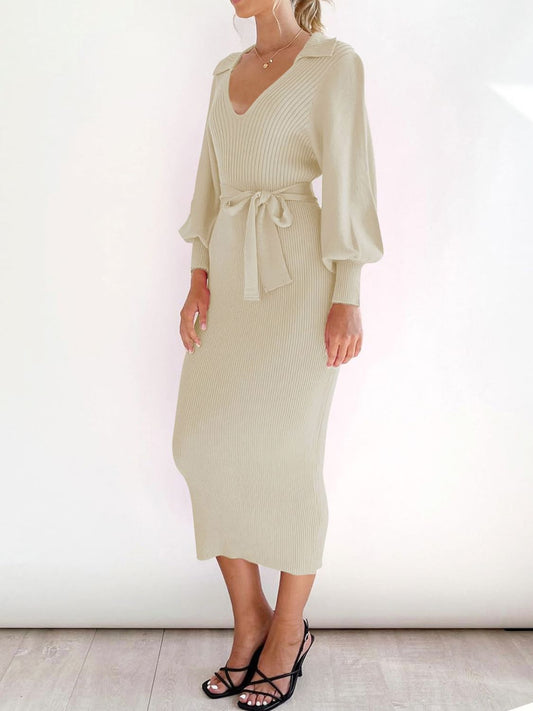 Perfee Tied Long Sleeve Wrap Sweater Dress - Classique Collection