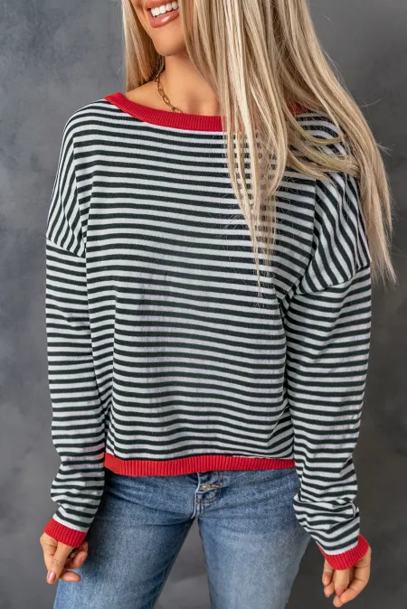 Striped Round Neck Drop Shoulder T-Shirt - ClassiQ