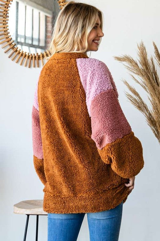 Culture Code Color Block Faux Fur Raglan Sleeve Sweatshirt - Classique Collection