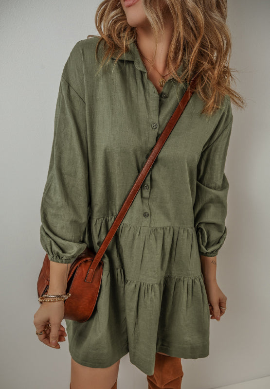 Tiered Collared Neck Balloon Sleeve Shirt Dress - Classique Collection