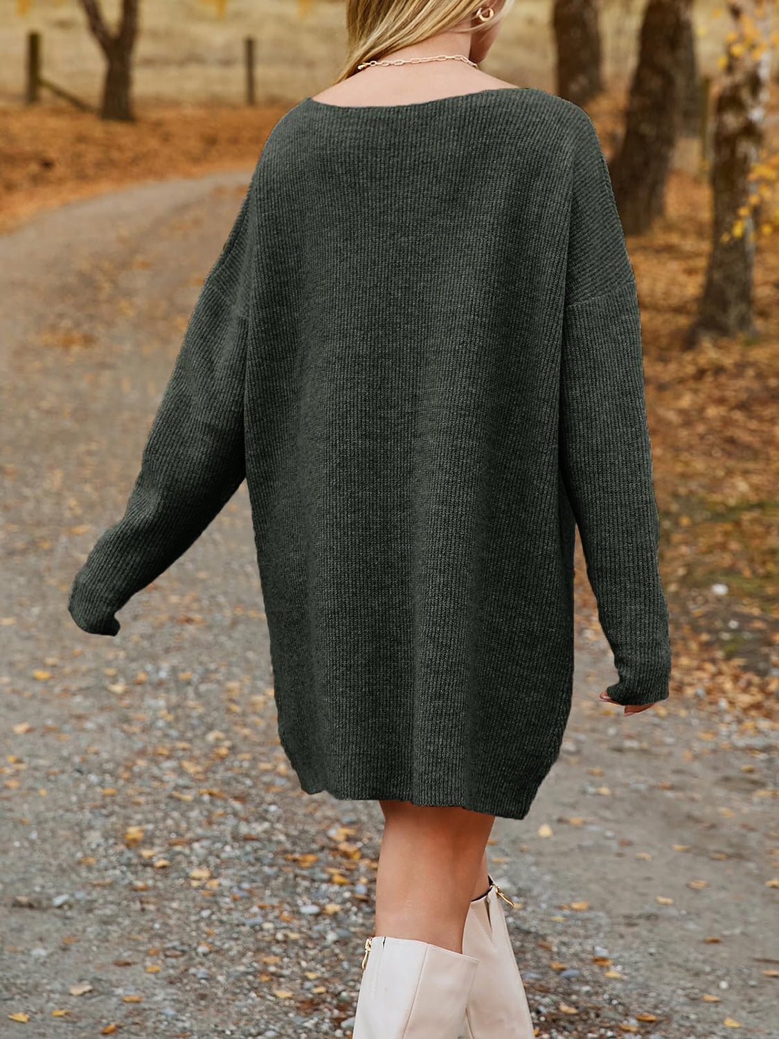 V-Neck Dropped Shoulder Sweater Dress - Classique Collection