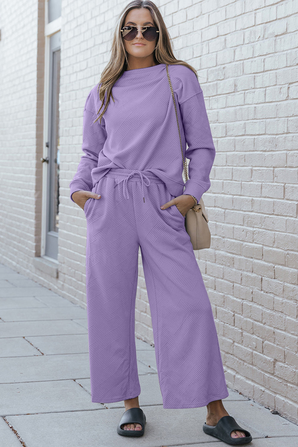 Double Take Full Size Textured Long Sleeve Top and Drawstring Pants Set - ClassiQ