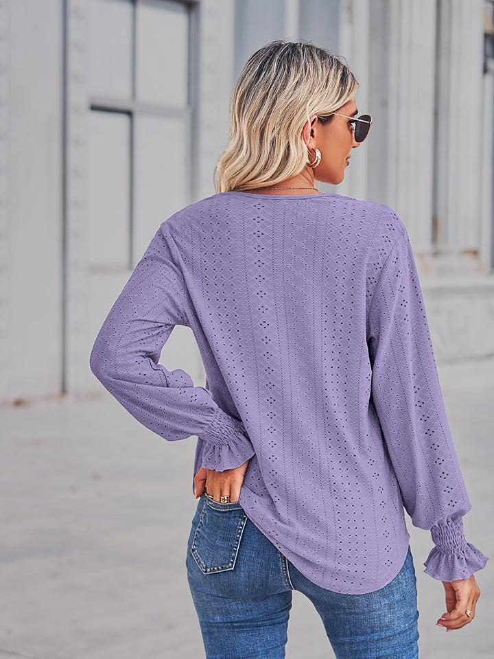 V-Neck Eyelet Flounce Sleeve Blouse - Classique Collection