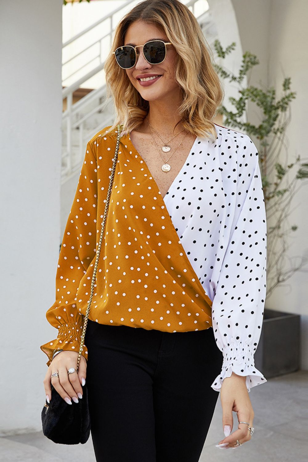 Ivy Lane Polka Dot Surplice Neck Lantern Sleeve Blouse - Classique Collection