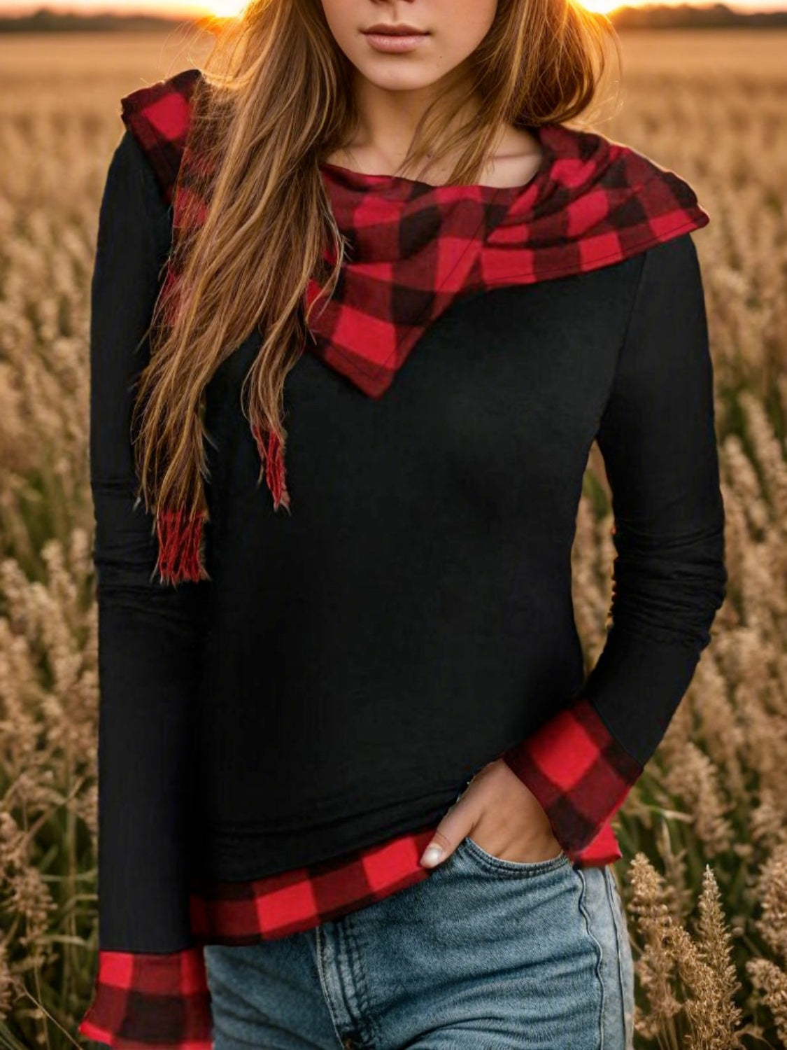 Plaid Long Sleeve Hooded Blouse - Classique Collection