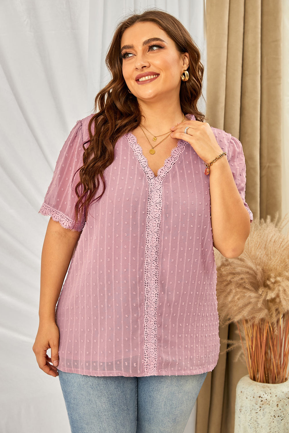 Plus Size Swiss Dot Spliced Lace V-Neck Blouse - Classique Collection
