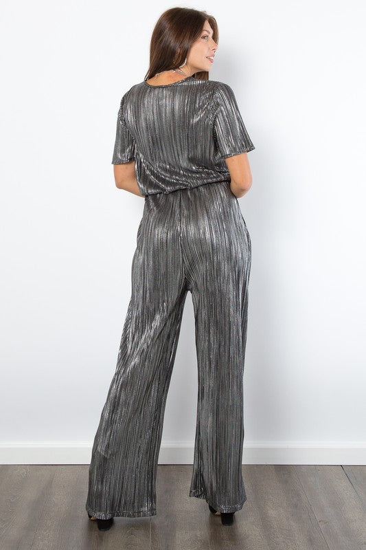 Be Stage Surplice Short Sleeve Pleated Foil Jumpsuit - ClassiQ