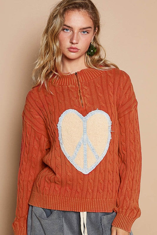 POL Cable-Knit Peace Patch Dropped Shoulder Sweater - Classique Collection