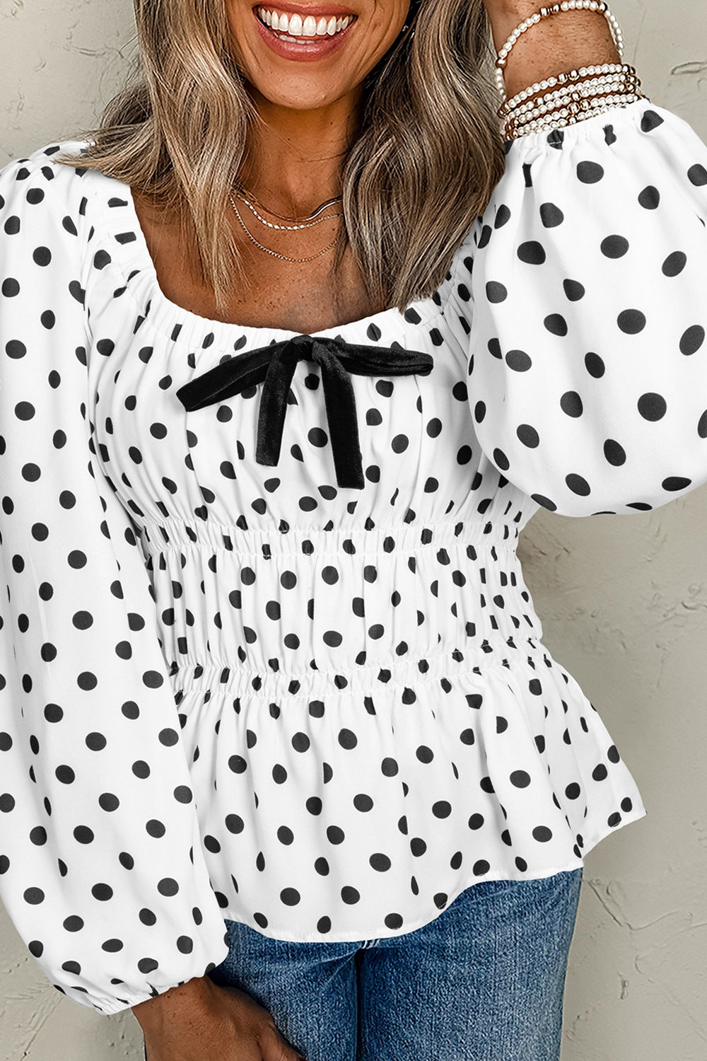Bow Polka Dot Square Neck Long Sleeve Blouse - ClassiQ