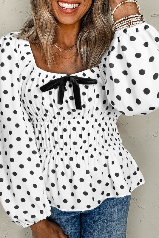 Bow Polka Dot Square Neck Long Sleeve Blouse - ClassiQ