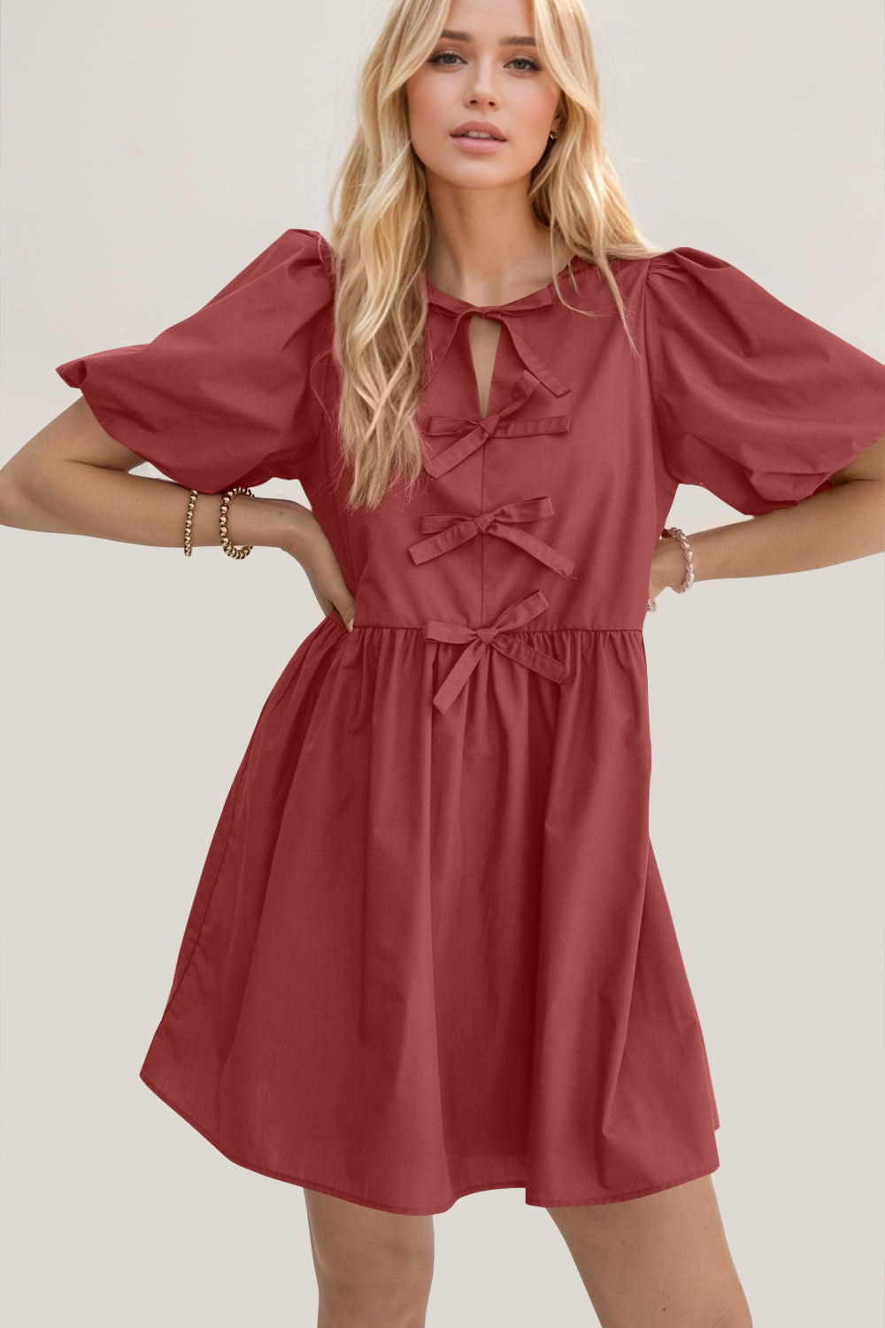 Oh Bow Ruched Puff Sleeve Mini Dress - Classique Collection