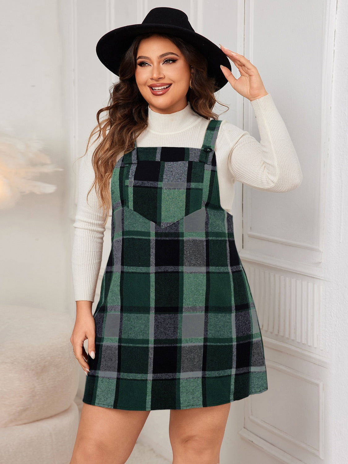 Honey Plus Size Plaid Wide Strap Overall Dress - Classique Collection