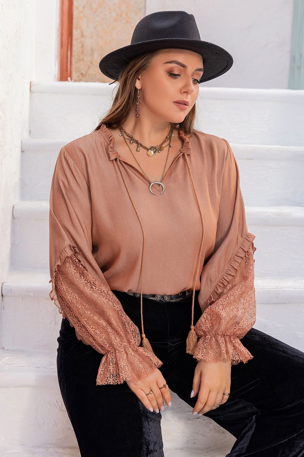 Plus Size Tie Neck Flounce Sleeve Blouse - Classique Collection