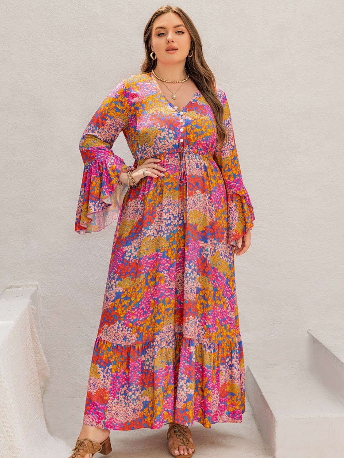 Plus Size Printed V-Neck Long Sleeve Maxi Dress - Classique Collection