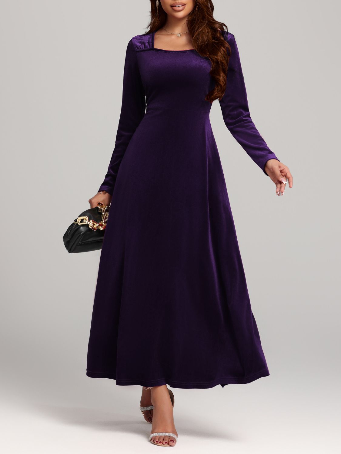 Square Neck Long Sleeve Velvet Dress - Classique Collection
