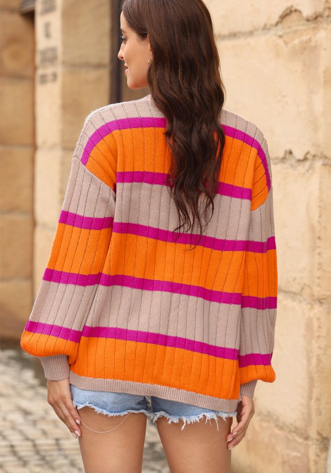 Contrast Striped Drop Shoulder Open Front Cardigan - ClassiQ