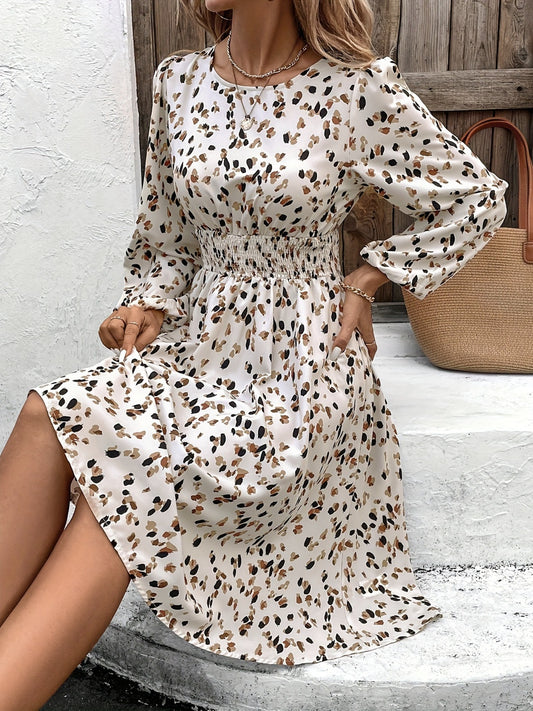 Printed Round Neck Long Sleeve Dress - Classique Collection