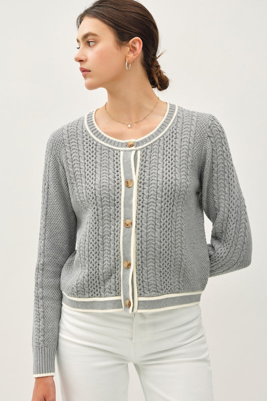Be Cool Cable Knit Long Sleeve Contrast Edge Cardigan - Classique Collection