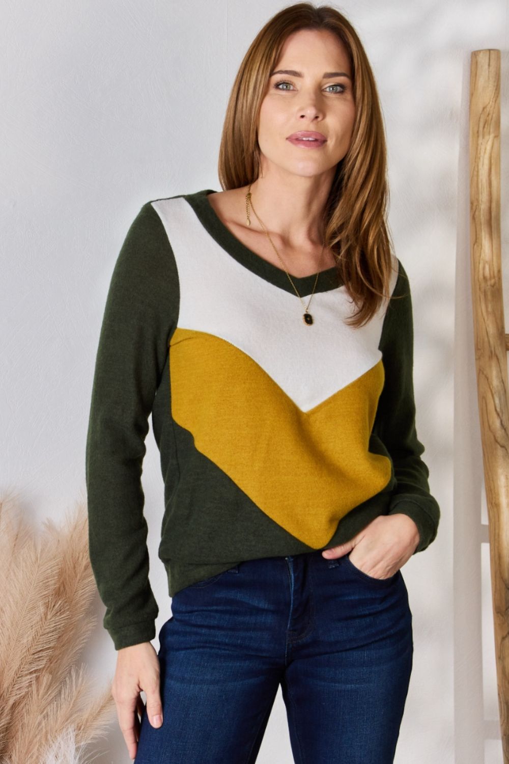 Hailey & Co Full Size Colorblock V-Neck Blouse - Classique Collection