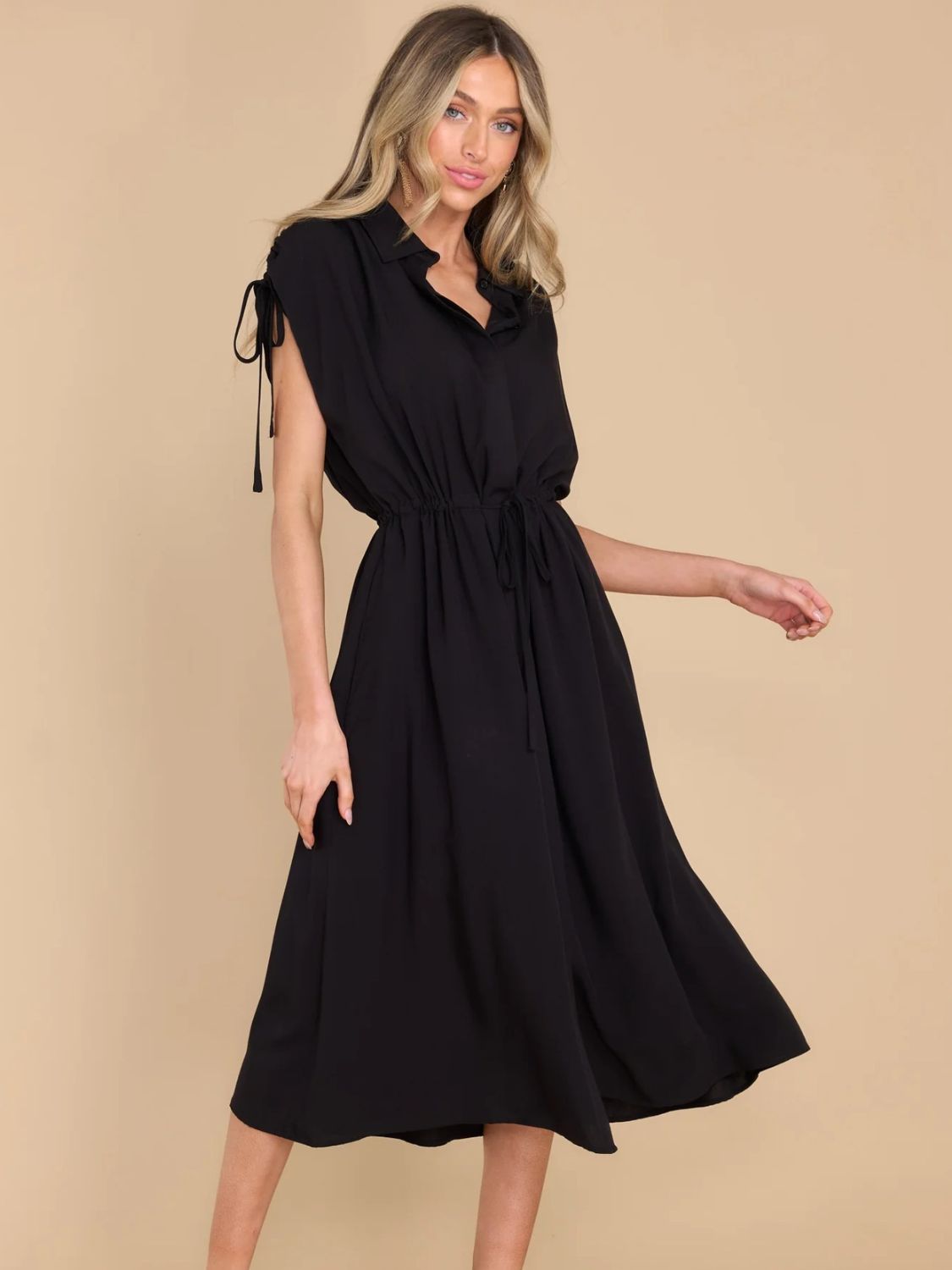 Drawstring Collared Neck Short Sleeve Midi Dress - Classique Collection