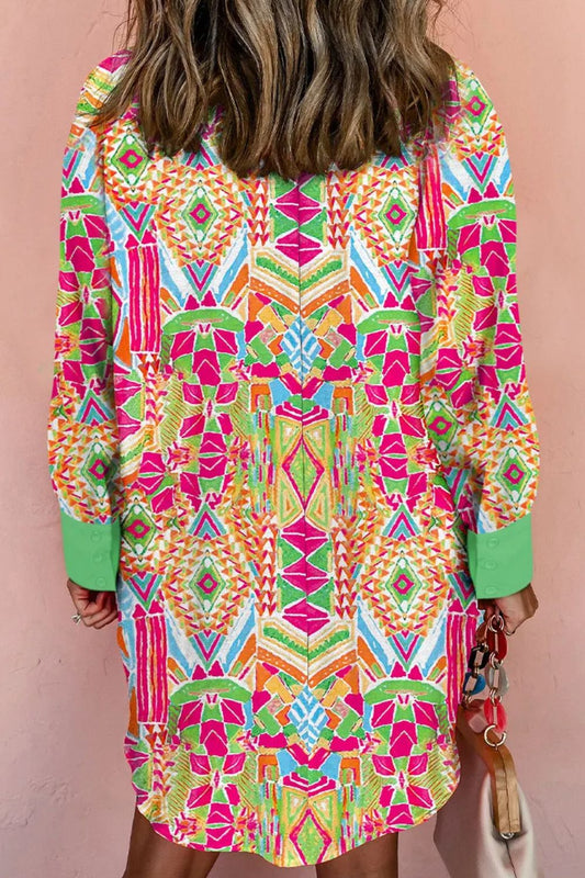 Printed Button Up Long Sleeve Shirt Dress - Classique Collection