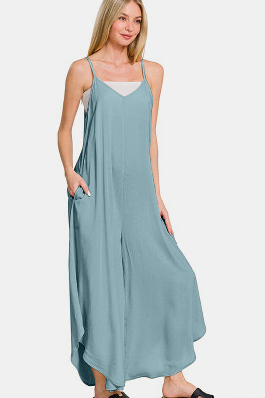 Zenana Spaghetti Strap Wide Leg Overalls with Pockets - Classique Collection