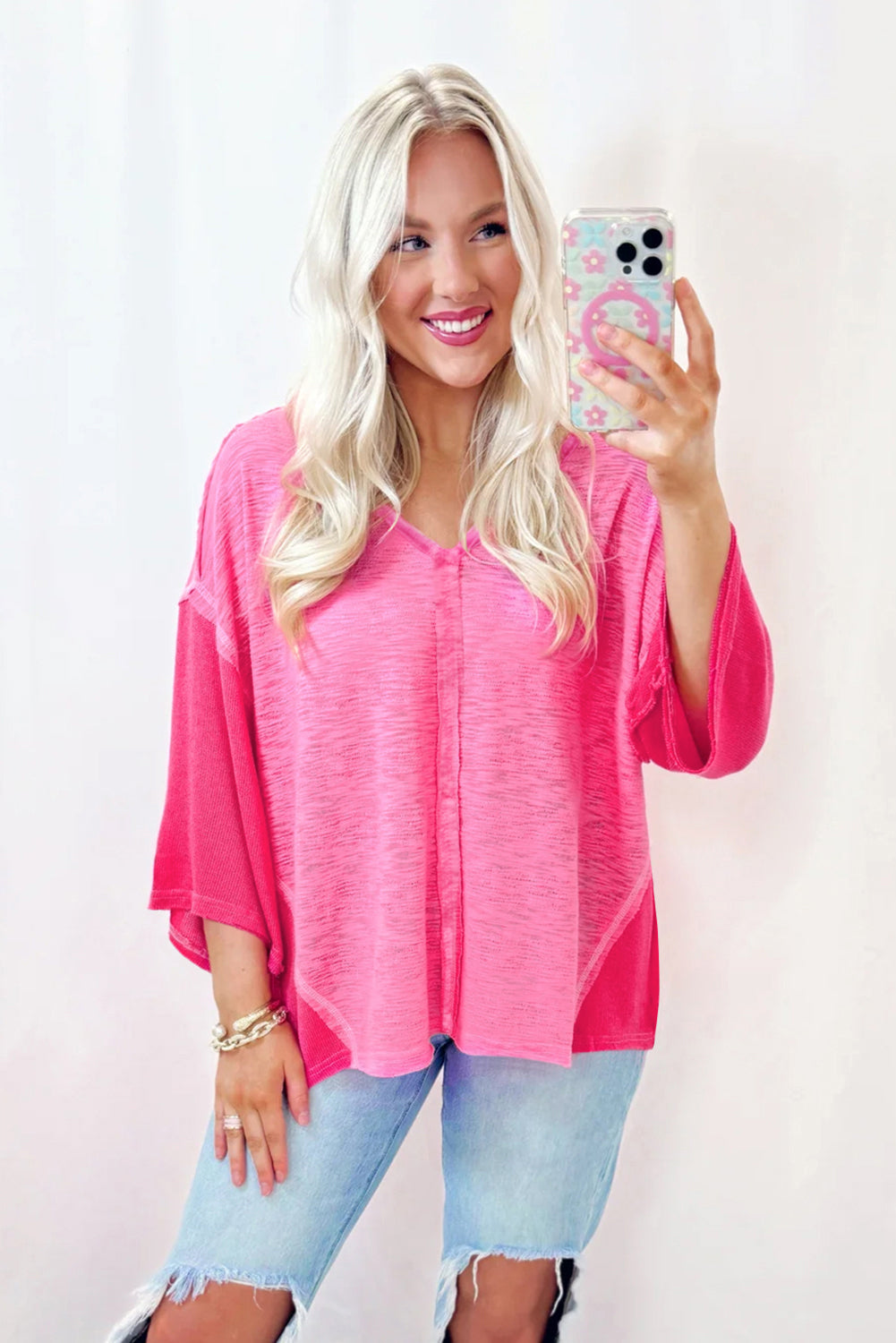 Exposed Seam V-Neck Three-Quarter Sleeve Blouse - Classique Collection