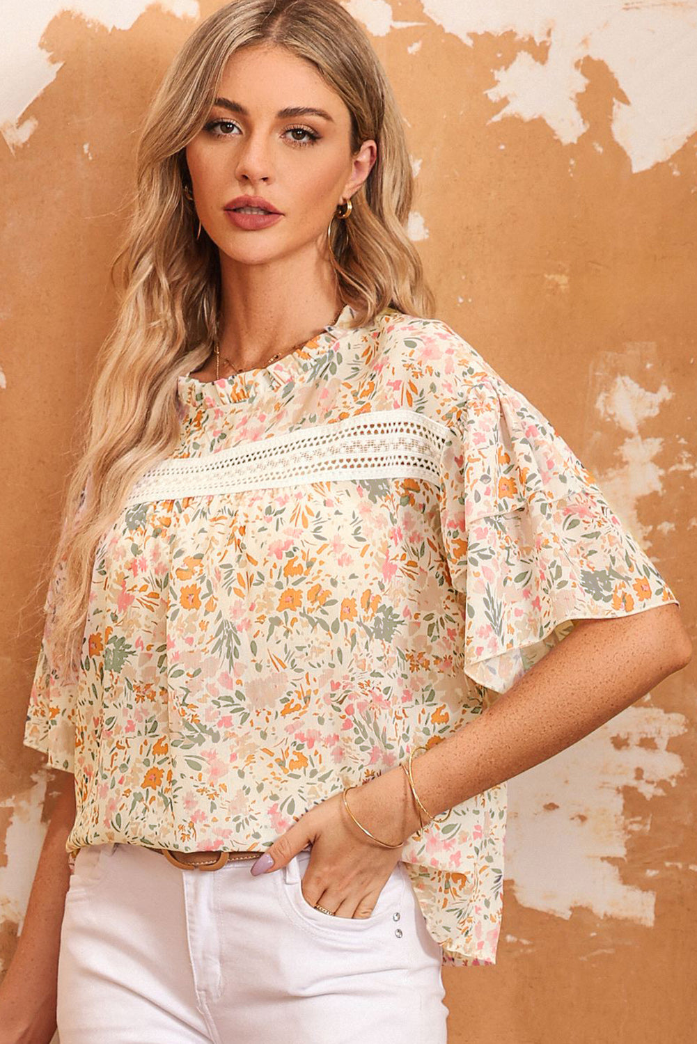 Floral Round Neck Short Sleeve Blouse - Classique Collection