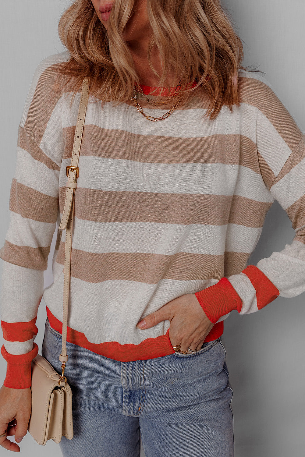 Contrast Striped Round Neck Drop Shoulder Knit Top - Classique Collection