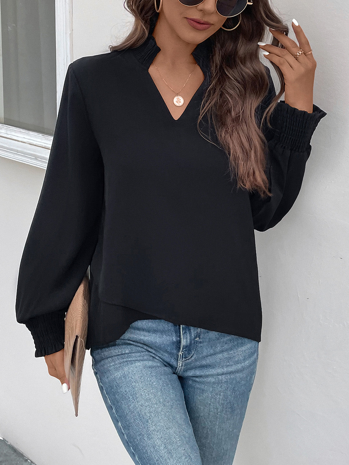 Perfee Smocked Notched Long Sleeve Blouse - ClassiQ