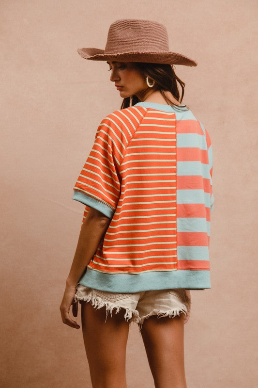 BiBi Striped Round Neck Half Sleeve French Terry Top - ClassiQ