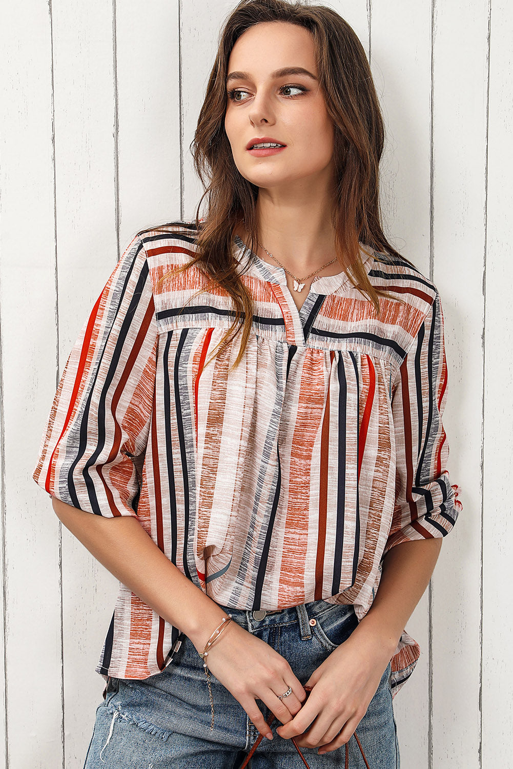 Multicolored Stripe Notched Neck Top - Classique Collection